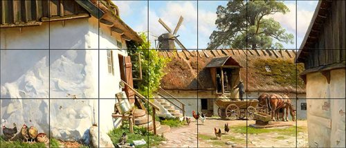 Tile mural with farmyard, poultry, horse cart and windmill